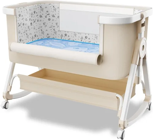 whiffee Cuna de bebé 3 en 1, cama de noche con cesta de almacenamiento y ruedas, cuna de bebé portátil con mosquitera, altura ajustable 6 y malla