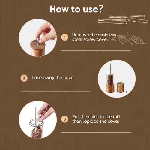 Vista 3 de Juego de molinillo acrílico de sal y pimienta con bandeja de madera, molinos manuales de sal y pimienta, molinillo de pimienta de madera con núcleo