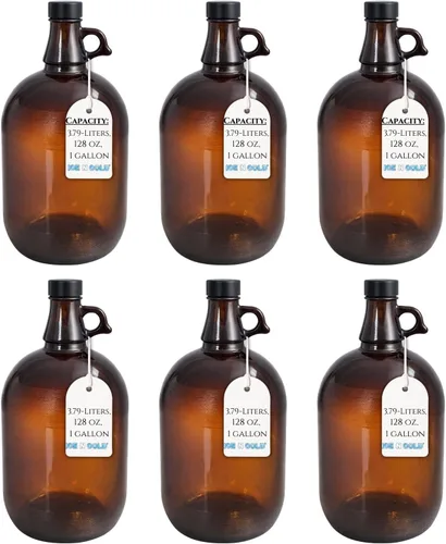 Jarra de vidrio ámbar de 1 galón (128 onzas) con tapa de 1.496 in | Paquete de 6 | Envío rápido el mismo día