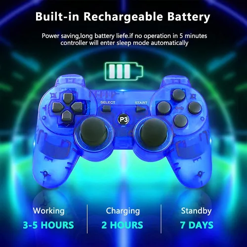 Vista 4 de Rzzhgzq 2 Pack PS3 Wireless Controller P3 Controller Wireless Bluetooth Gamepad with USB Charger Cable for PS3 Console (Clear Blue+Clear Red)