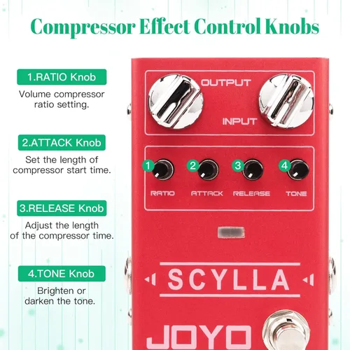 Vista 3 de JOYO Pedales de Bajo para Guitarra, Pedal de Efecto Compresor con Perillas de Compresión Precisas, Bajo Ruido y Alto Rango de Control Dinámico