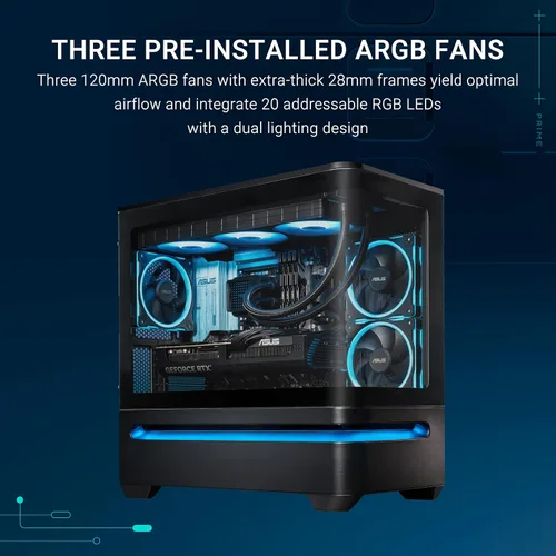 Vista 7 de ASUS Prime AP202 ARGB Black mATX carcasa de PC con vidrio curvo completamente templado, soporta tarjetas gráficas de hasta 420 mm de largo