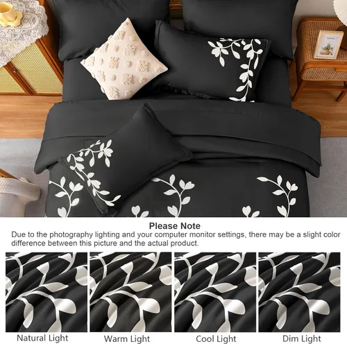Vista 5 de Juego de edredón tamaño King, 7 piezas con estampado botánico floral blanco en negro, juego de edredón con sábanas, juego de ropa de cama