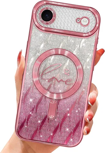 Vista 47 de Funda magnética transparente con purpurina para iPhone 14, compatible con Magsafe, diseño de corazón de amor, chapado de lujo, protector completo