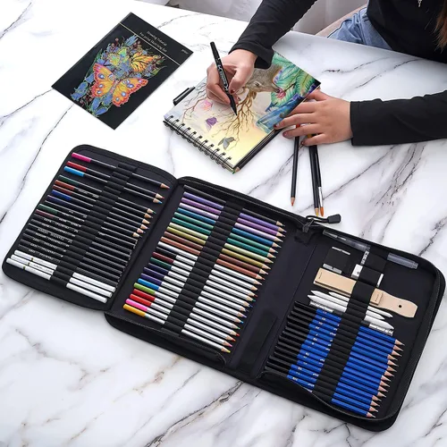 Vista 7 de Prina Juego de dibujo de 76 piezas, suministros de dibujo Pro Art con cuaderno de bocetos de 3 colores, incluye tutorial