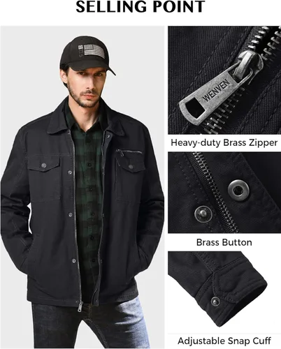 Vista 5 de Chaqueta WenVen con solapa, estilo militar, de algodón de lona, casual, para hombre