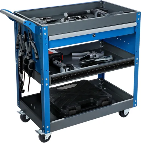 Vista 8 de Carrito de herramientas de 3 niveles, carrito de herramientas rodante de capacidad de 440 libras con cajones, carrito de servicio industrial