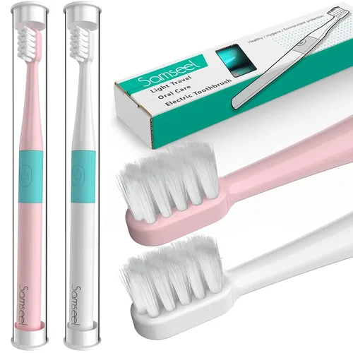 Paquete de 2, cepillo de dientes eléctrico sónico blanco y rosa que dura 90 días de viaje, esencial, impermeable, portátil, mini diseño para cuidado