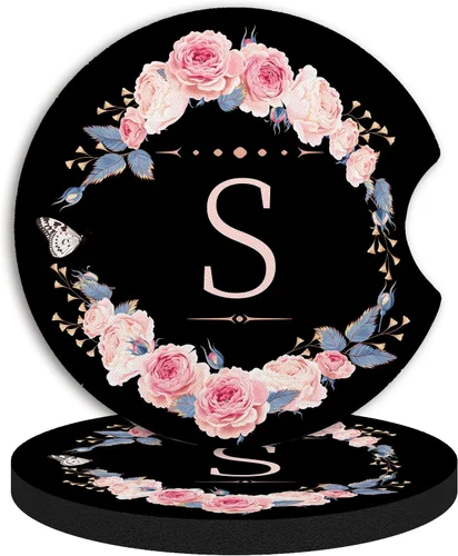 Vista 29 de 2 piezas de posavasos de coche con la letra A, posavasos absorbentes universales de neopreno con muesca para el dedo, accesorios de coche para mujer