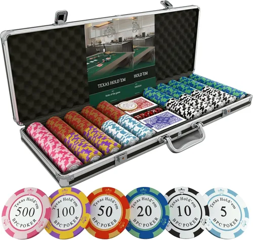 Vista 10 de Bullets Playing Cards Juego de póquer Carmela 300 fichas de póquer de arcilla (0.49 oz) con caja de aluminio, naipes de plástico y dados – Texas