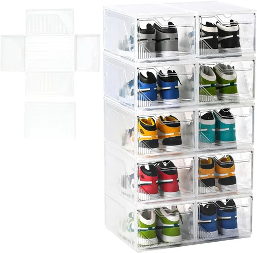 Cajas de zapatos grandes apilables de plástico transparente, caja de zapatos frontal con puerta transparente, contenedores de zapatos para blanco