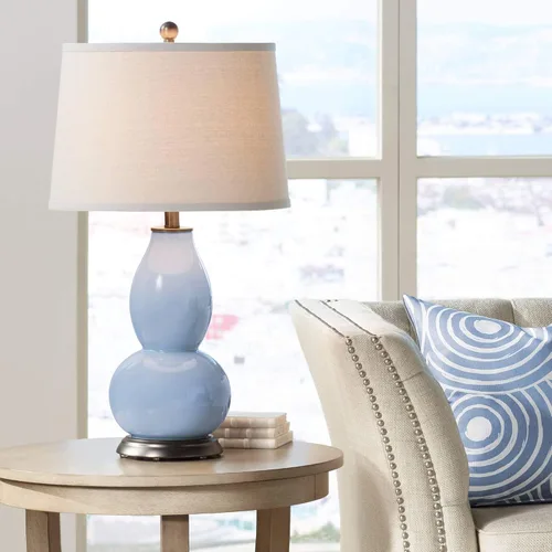 Vista 17 de Color + Plus Double Gourd 28 3/4" Tall Modern End Table Lamp Placid Blue Bronze Finish Glass Single Fabric Off-White Shade Living Room Bedroom