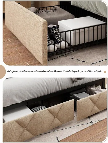 Vista 5 de iPormis - Marco de cama de tamaño matrimonial con 4 cajones de almacenamiento, base de cama tapizada con estación de carga, cabecera de Beige