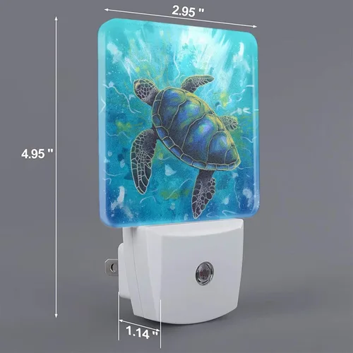 Vista 2 de Juego de 2 luces LED de noche con diseño de tortuga marina azul, sensor de atardecer a amanecer, lámpara nocturna decorativa para el hogar