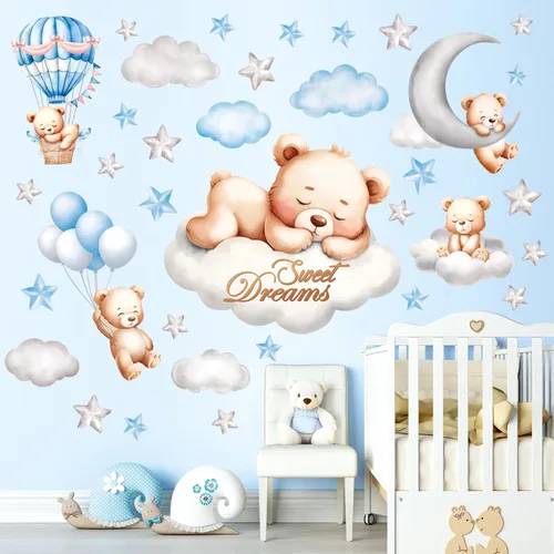 Vista 4 de DECOWALL SG2-2407 Pegatinas de pared con diseño de oso de sueño dulce, calcomanías para decoración de habitación de bebé, cuarto de bebé, niño