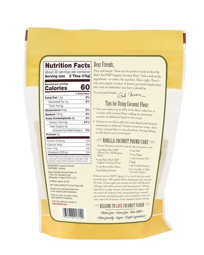Vista 2 de Bob's Red Mill Harina de coco orgánica, 16 onzas (paquete de 1), sin OMG, certificado de comercio justo, vegano, apto para dieta cetogénica, apta
