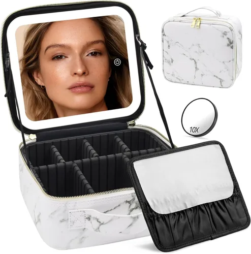 Vista 10 de Estuche de Maquillaje de Tren con Espejo y Luz de 3 Colores Ajustar Brillo, Bolsa de Maquillaje con Espejo Estuche de Cosméticos Recargable