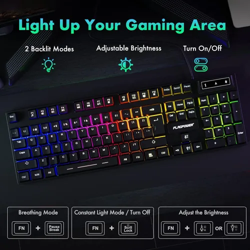 Vista 2 de Combo de teclado y mouse para juegos RGB, teclado mecánico con retroiluminación ajustable de 4 colores y mouse con retroiluminación de 4800DPI