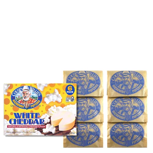 Vista 4 de Cousin Willie's Bolsas de palomitas de maíz para microondas, cheddar blanco (6 bolsas), cajas de palomitas de maíz gourmet para fiestas, palomitas