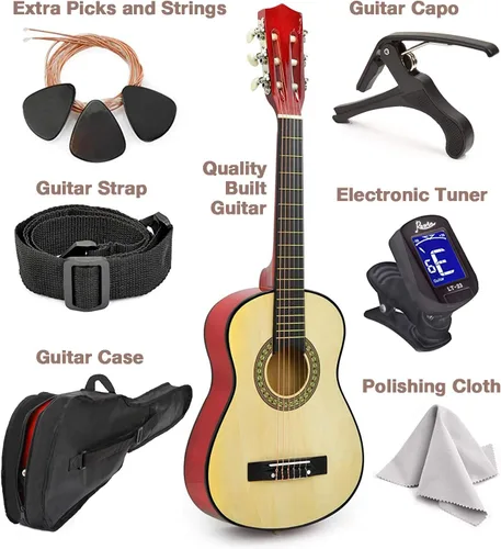 Vista 2 de Guitarra de madera de 30 pulgadas con estuche y accesorios para niños, niñas, adolescentes, principiantes (Natural)