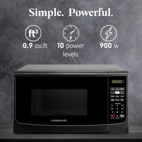 Vista 2 de Farberware Horno microondas de encimera de 0.9 pies cúbicos, 900 vatios de potencia, configuración de cocción automática, descongelación, fácil Negro