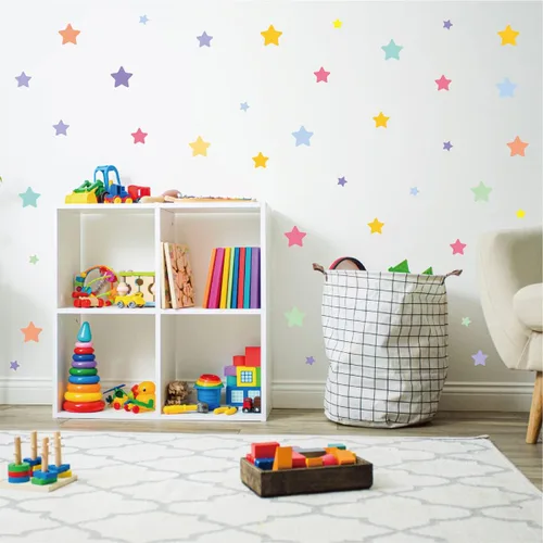 Vista 4 de Calcomanías de pared de estrellas coloridas para dormitorio de niños y niñas, calcomanías de pared de estrellas extraíbles de tamaño mixto