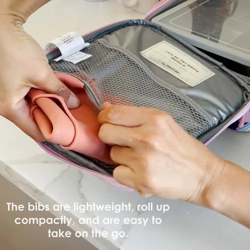 Vista 4 de ROCCED Baberos de silicona para bebé, 2 juegos de baberos con receptor de alimentos para niñas y niños pequeños, sin BPA, impermeables, suaves