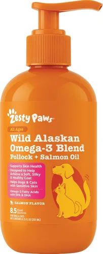 Zesty Paws Wild Alaskan Omega-3 Blend Aceite de Abadejo + Aceite de Salmón para Perros y Gatos - Soporte para la Piel y el Pelaje, Suplemento Omega