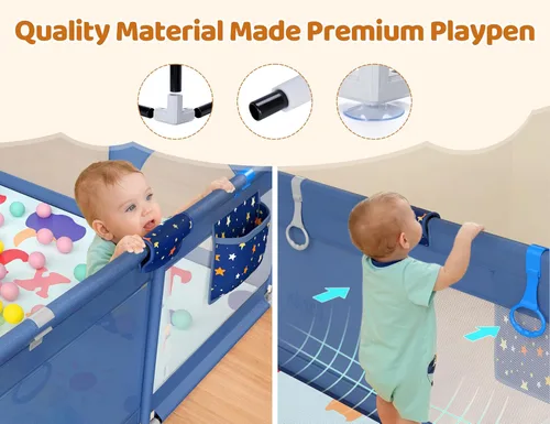 Vista 5 de CoziBB Corralito para bebés con alfombra, 71" × 59" corralito extra grande para niños pequeños, corral para bebés con malla transpirable, área
