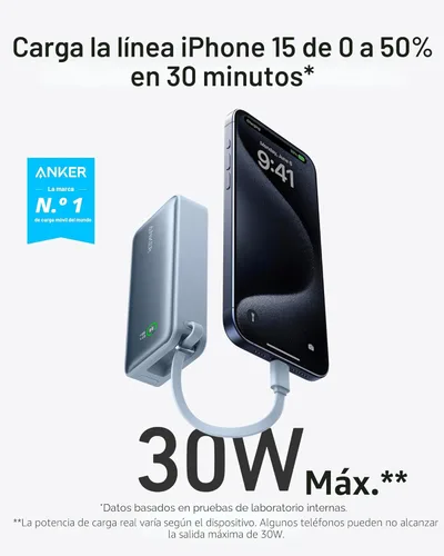 Vista 2 de Anker Nano Power Bank, cargador portátil de 10,000 mAh con cable USB-C integrado, recarga de 30 W, salida máxima de 30 W con USB-C y A, para iPhone