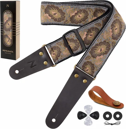 Vista 35 de Nefelibata Correa de guitarra, correas de guitarra de algodón bordadas con extremos de cuero de vaca para bajo, guitarras eléctricas y acústicas