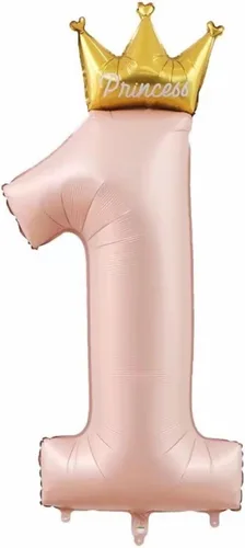 Vista 3 de Globos de princesa rosa de 40 pulgadas con el número 1 y pancarta dorada de un cumpleaños para niñas, suministros de decoración de primera fiesta