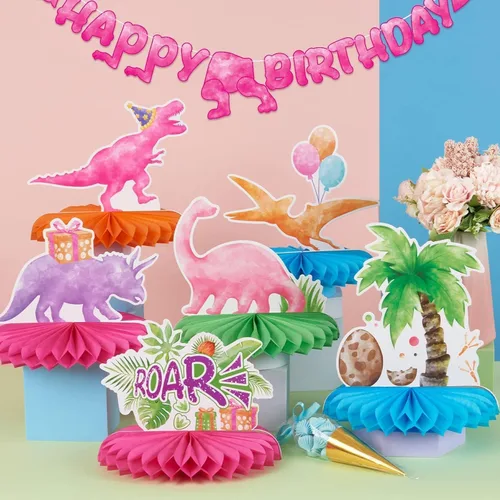 Vista 5 de WERNNSAI 9 piezas de centro de mesa de nido de abeja para fiesta de dinosaurio, decoración de fiesta de cumpleaños de dinosaurio para niñas y niños