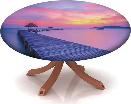 Vista 62 de Cubierta redonda con diseño de playa, borde elástico, picnic al aire libre, patio, fiesta o comedor interior, decoración de mesas de comedor, azul