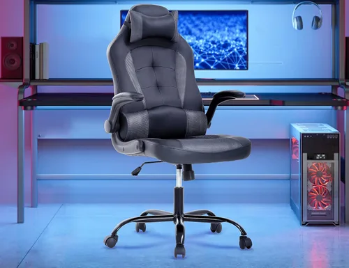 Vista 14 de Silla de videojuegos, silla de computadora de piel sintética ajustable con reposacabezas soporte lumbar, brazos y ruedas abatibles, silla de oficina