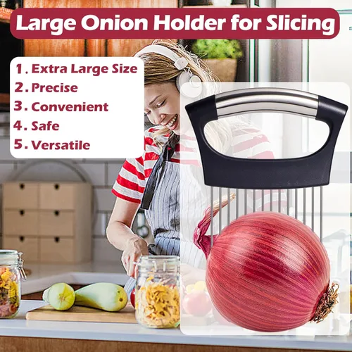 Vista 6 de JAYVAR Soporte de cebolla extra grande para rebanar, rebanador de tomate grande con 14 agujas largas, cortador de cebolla picadora de verduras