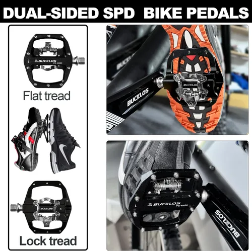 Vista 3 de BUCKLOS Pedales SPD PD-M680 para Bicicleta de Montaña con Clip en SPD Combo Plano de Doble Cara - Pedales para Bicicleta de Carretera MTB con Clips