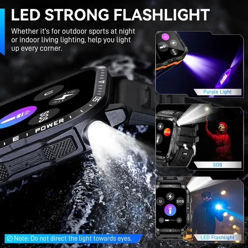 Vista 2 de Reloj Inteligente Militar para Hombres con Linterna LED Reloj de Pantalla Grande de 2.0'' Reloj Inteligente Táctico Batería Grande de 430mAh