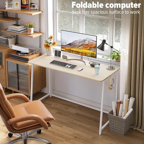 Vista 89 de WOHOMO Escritorio plegable de mármol sintético blanco, escritorio pequeño de 31.5 pulgadas para espacios pequeños con patas doradas, escritorio