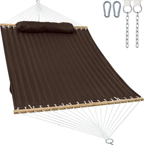 Vista 19 de Gafete Hamacas para 2 personas de 12 pies para exteriores, hamaca de tela doble acolchada para exteriores con barra separadora, almohada extraíble