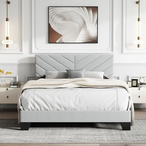 Vista 16 de Cama de plataforma tapizada de tamaño matrimonial, base de cama matrimonial con cabecera copetuda, marco resistente y listones de madera
