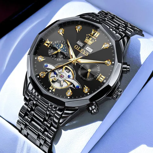 Vista 8 de OLEVS - Reloj Automático de Lujo para Hombre con Diamante, Automático, Multifuncional, Calendario, de Acero Inoxidable, Impermeable, Luminoso
