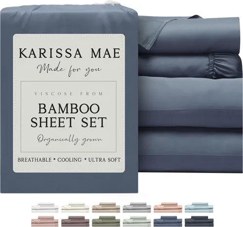 Vista 15 de KARISSA MAE Juego de sábanas tamaño Queen de viscosa de bambú refrescante, 100% certificado FSC, bolsillo profundo de 18 pulgadas, sedoso, suave e