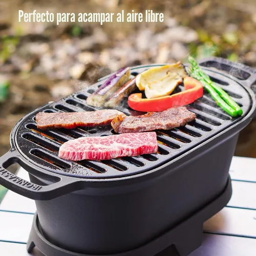 Vista 2 de IronMaster Mini parrilla Hibachi 100% de hierro fundido, pequeña parrilla de carbón portátil para acampar al aire libre, superficie de parrilla