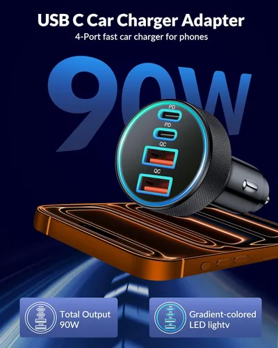 Vista 2 de Cargador de Coche USB C, Cargador de Teléfono de Coche de 4 Puertos 90W de Carga Súper Rápida Accesorios de Cargador de Coche Dual USB-C y USB-A