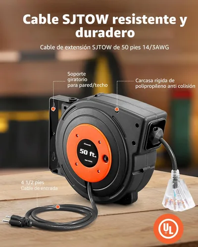 Vista 3 de DEWENWILS Carrete de cable de extensión retráctil, cable de alimentación resistente de 50 pies, 14AWG/3C SJTOW, 3 tomas de tierra con triple llave