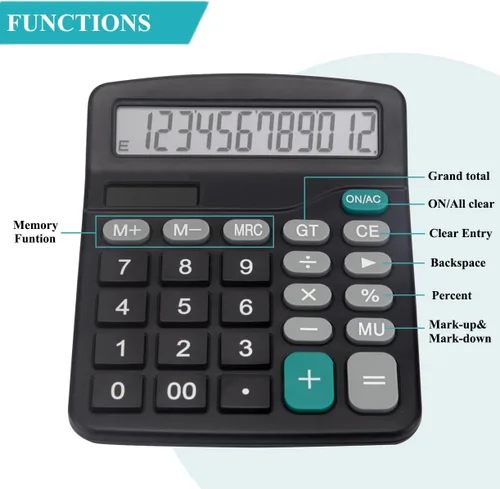 Vista 5 de Calculadora de escritorio, calculadora básica de oficina con pantalla grande de 12 dígitos, energía solar dual y batería, cálculo simple de 4