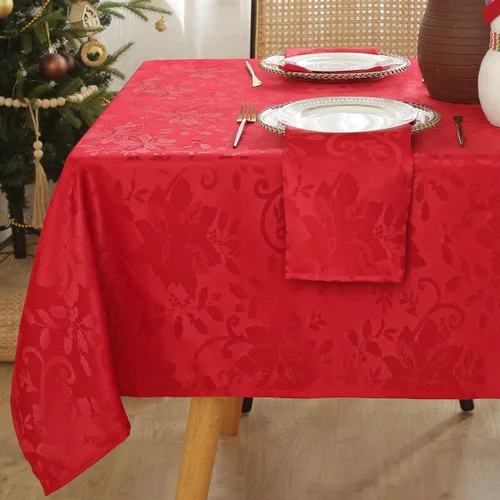 Vista 11 de SASTYBALE Mantel rectangular de Navidad, mantel jacquard verde de 60 x 102 pulgadas con patrón floral de flor de pascua, mantel de tela de damasco