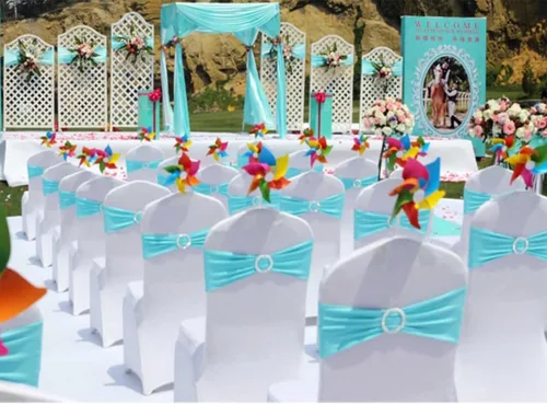 Vista 5 de Paquete de 50 bandas elásticas para sillas de bebé azul para boda, bandas elásticas de licra con hebilla deslizante, arcos de sillas de spandex