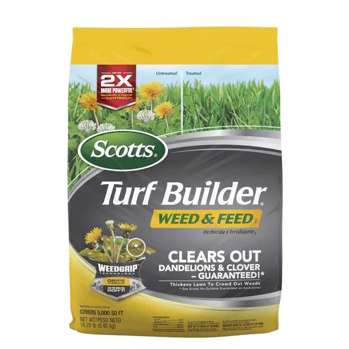 Vista 13 de Scotts Turf Builder Weed and Feed5, Fertilizante y alimento para césped, matamalas hierbas plus, controla dientes de león y trébol, 4,000 pies
